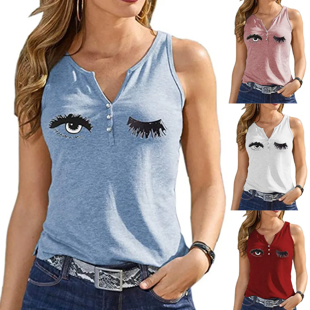 Модный женский жилет с круглым вырезом и пуговицами забавным принтом глаз без