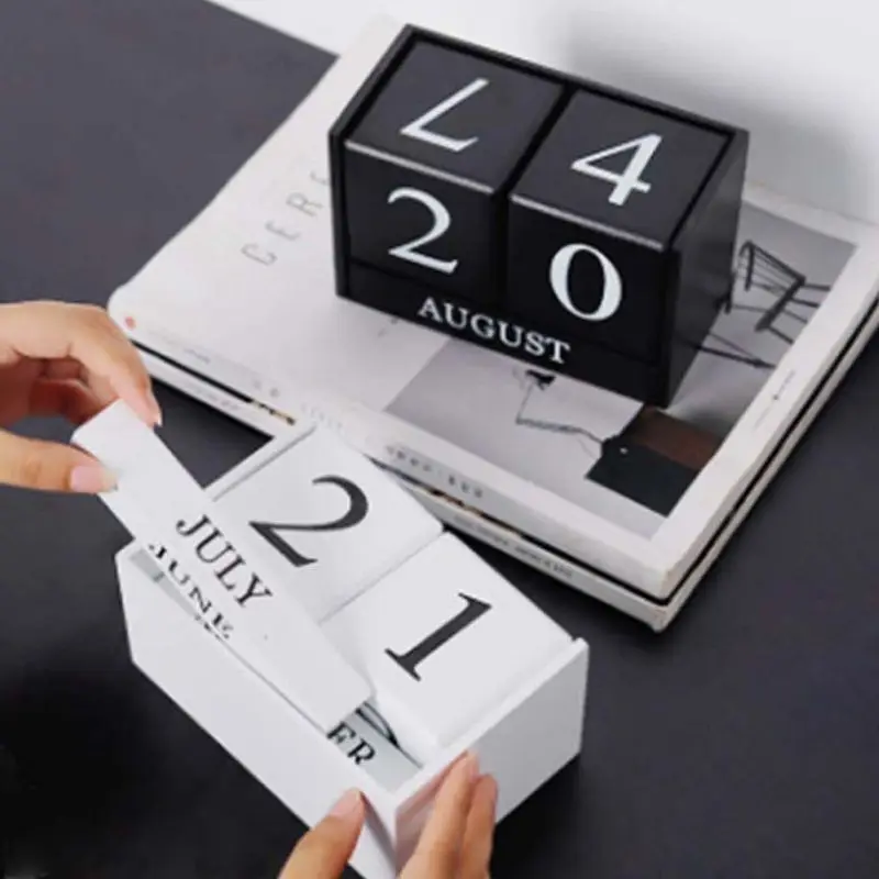 Large Vintage Wooden Perpetual Calendar Eternal Block Month Date Display Desk Accessory Photography Props Home Office Decoration |