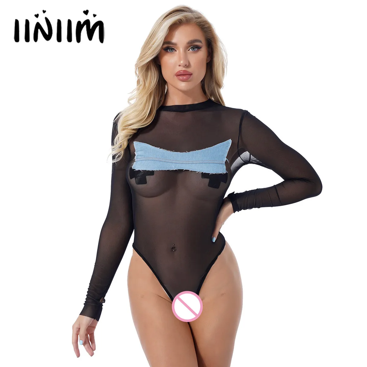 

Sexy Lingerie Women See-through Mesh Leotard Bodysuit Mock Neck Long Sleeve Denim Patchwork High Cut Thongs Underwear Clubwear