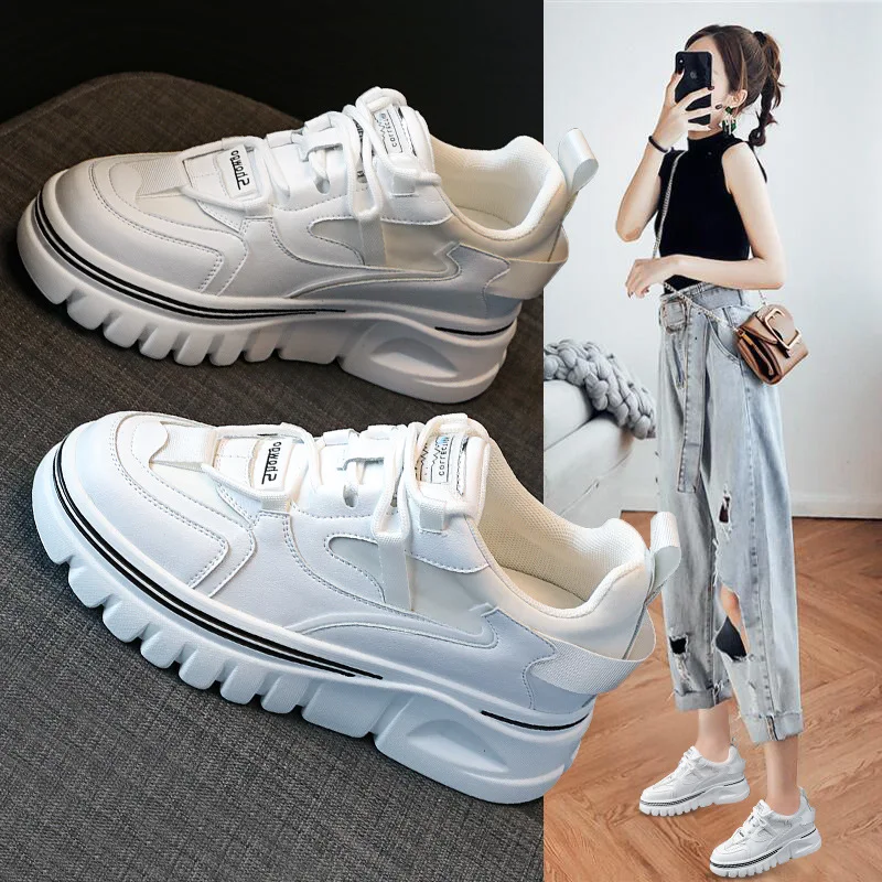 

2021 Autumn New Inner Heightening Women Shoes Korean Version Net Red Same Leather Daddy Shoes Women Pop Casual Off White Shoes