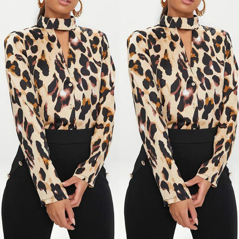 

Womens Halterneck Tee Leopard Print Blouse Long Sleeve Casual OL Vintage Shirt Top