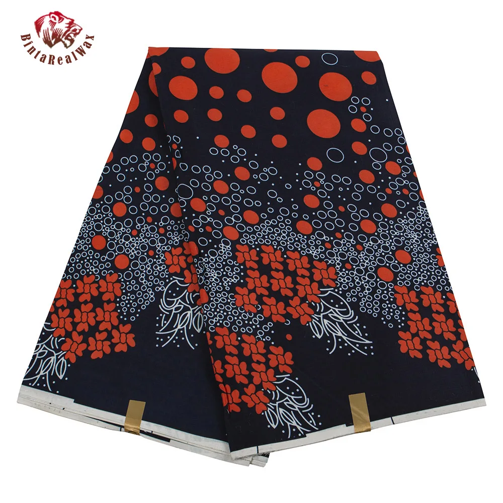 

Bintarealwax 6 Yards/lot Ankara Polyester Farbic Orange Circel Meterial for Handwrok Sewing Women Dress African Fabric FP6067