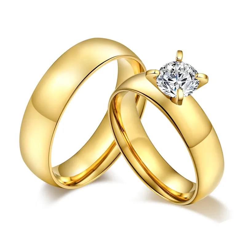 

Gold-color Wedding Rings For Couples Stainless Steel Women Men Cubic Zirconia Engagement Ring Lovers Jewelry R414G
