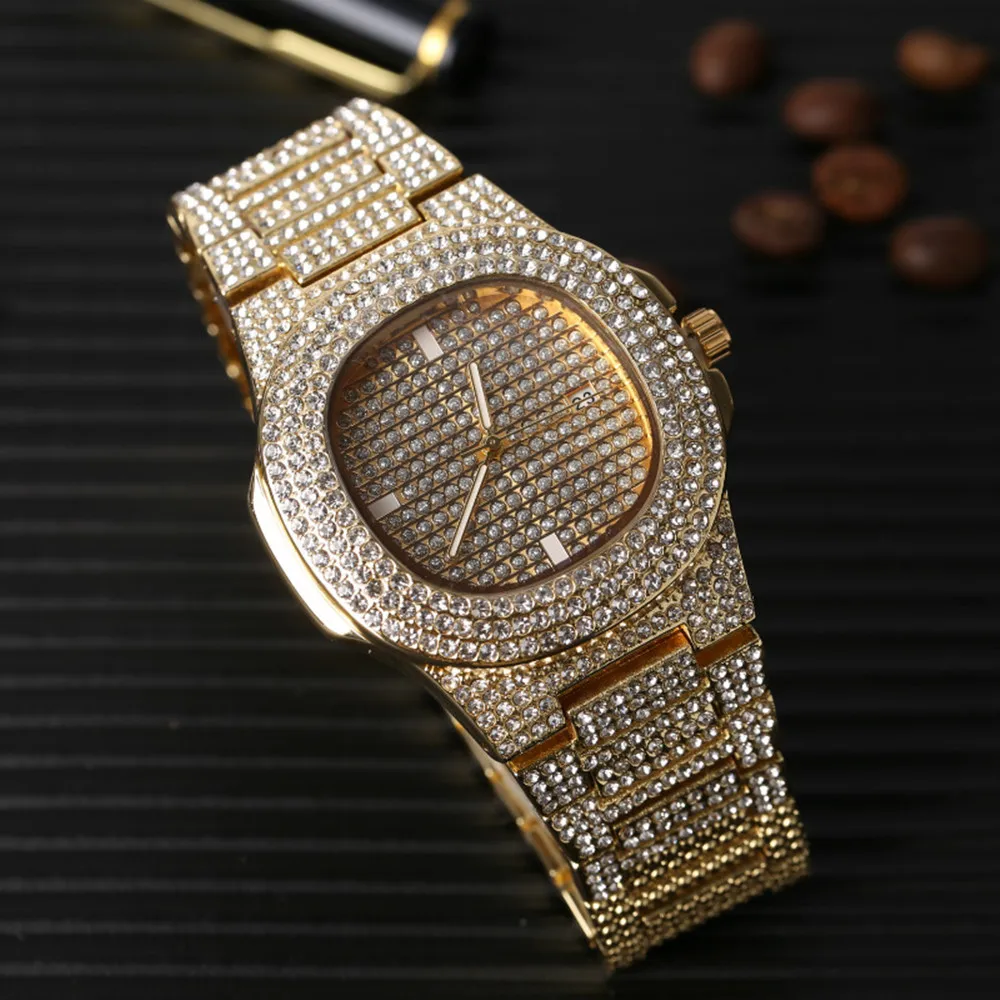 Роскошные мужские золотые часы в стиле хип хоп цветные стразы и ожерелье с