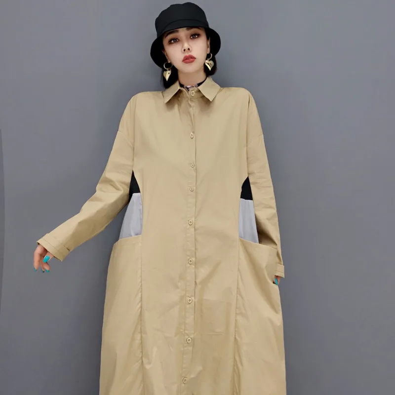 

SHENGPALAE Fashion Casual Patchwork Dress Women Autumn 2021 New Lapel Single Breasted Long Sleeve Shirt Dresses Female Tide