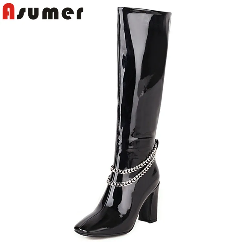 

ASUMER 2021 big size 49 knee high boots women square toe autumn winter high heel party shoes chain zip fashion long boots woman