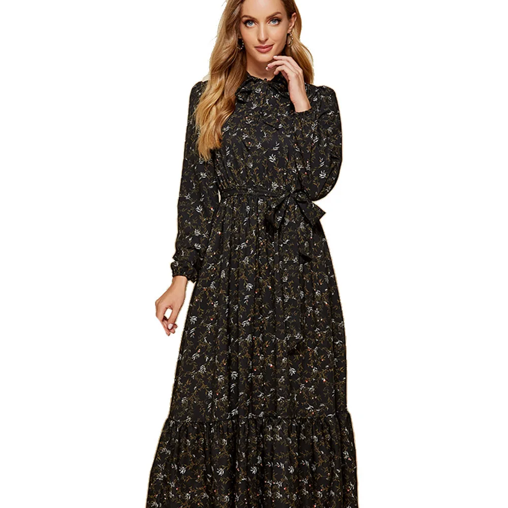 

2021 Trend Empire Floral Print Bandage Dress Vintage Black Folds Ladies Frocks Casual Long Sleeve Maxi Dresses for Women Vestido