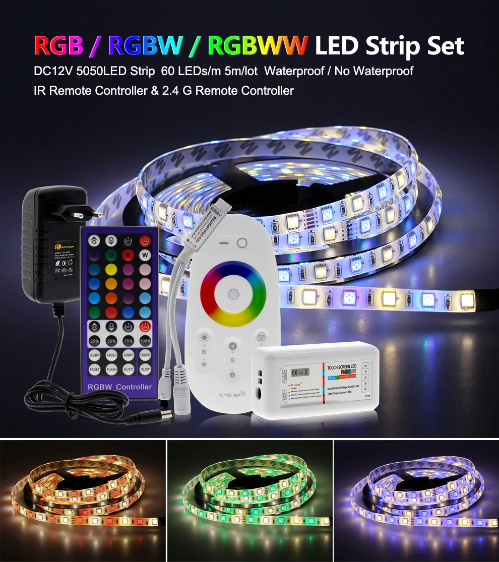 5 м Светодиодная лента 5050 RGB/RGBW/RGBWW гибкий диодный светильник для украшения дома+ 2,4G сенсорный пульт дистанционного управления+ 12V источник питания
