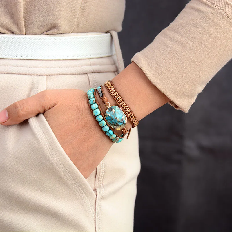 

Pulsera envolvente de cuero de alta gama con piedras Vintage, brazalete de cadena con estilo artstico, Regalos de joyera