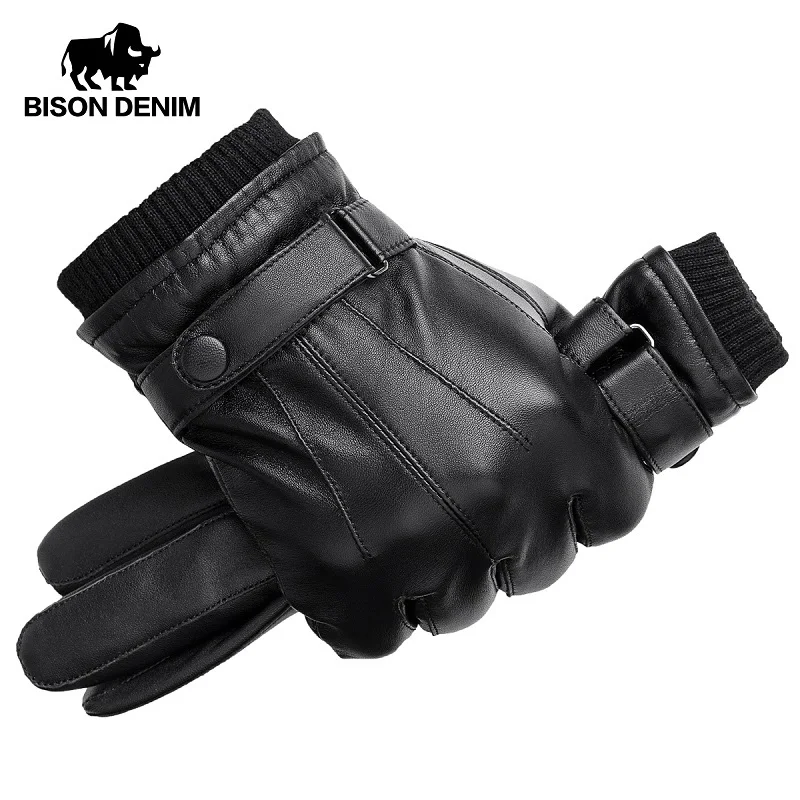 BISON DENIM мужские перчатки из натуральной овечьей кожи Осень Зима теплые сенсорный экран полный палец черные перчатки высокое качество S019