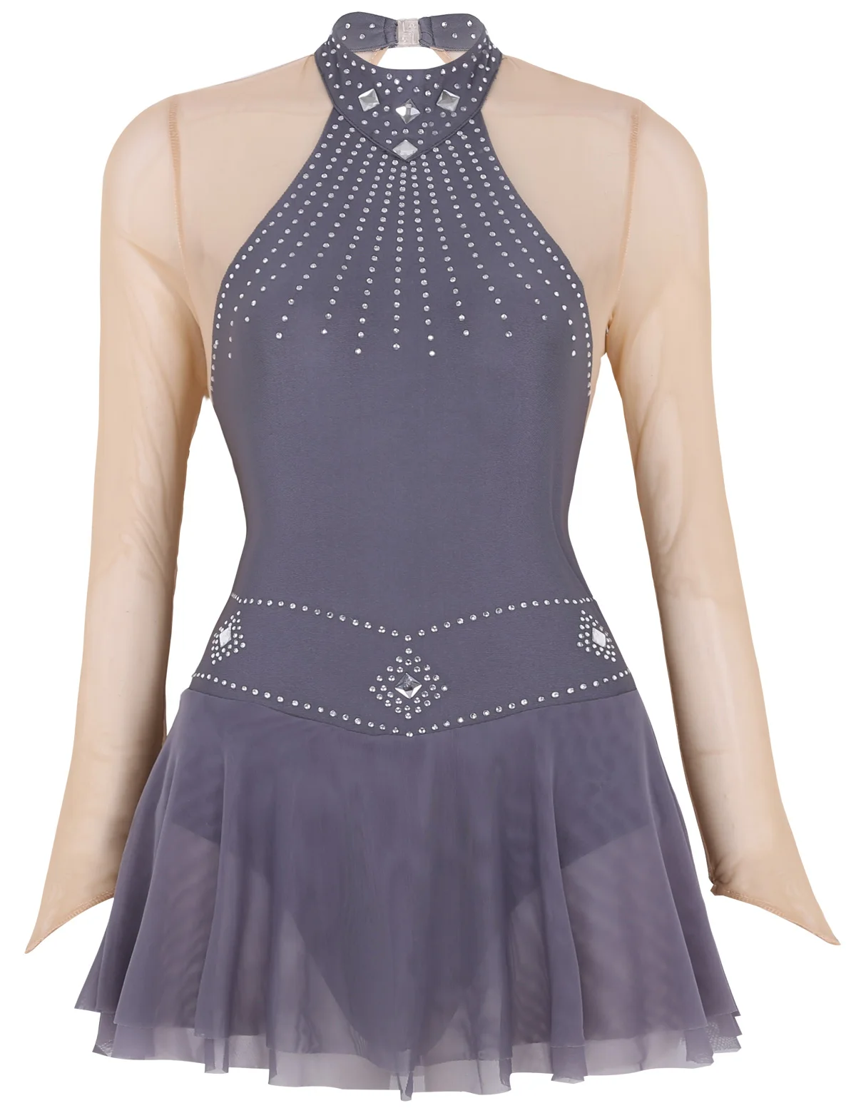 Adult Shiny Rhinestones Long Sleeve Mesh Splice Ballet Gymnastics Leotard Women Figure Skating Dress Competition Dance Costumes