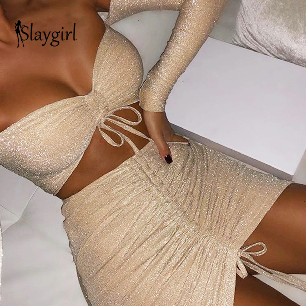 Slaygirl и открытыми плечами облегающее сексуальное осеннее платье Для женщин мини-платье с открытыми плечами клуб C заклепками; дамские туфли на шнуровке вечерние платья с длинным рукавом