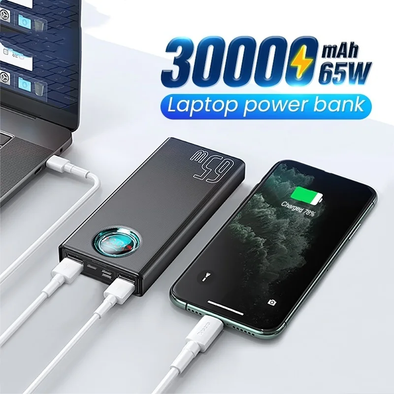 

65W Power Bank 30000mAh USB C PD Quick Charge 20000 Powerbank Portable External Battery Charger For iPhone Xiaomi Laptop