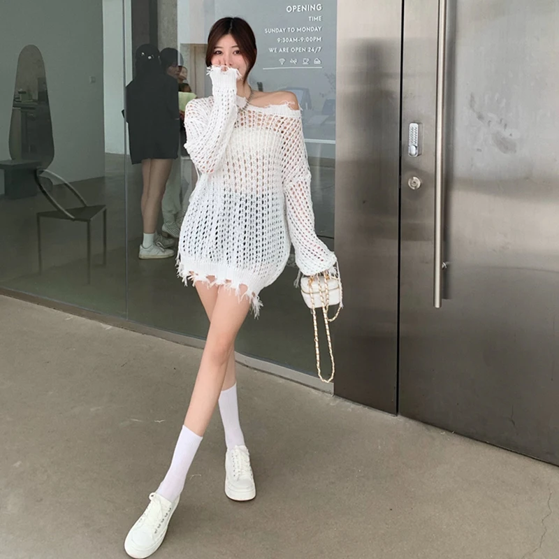 

Kimotimo Sweet Hollow Out Sweater Women Japan Style Lazy O-neck Hook Flower Burrs Pullover Early Autumn Long Sleeve Sweaters