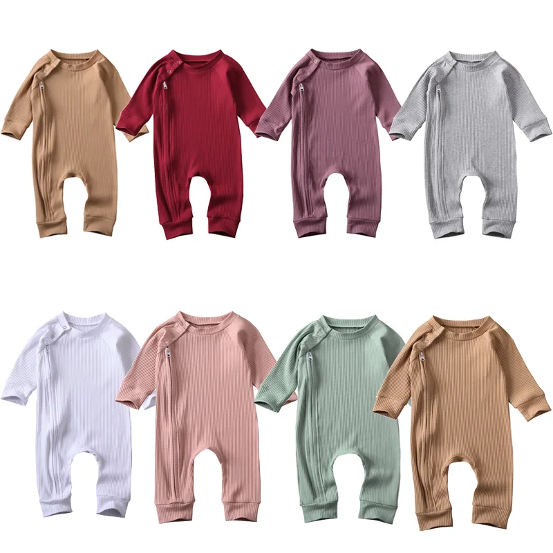 

Newborn Baby Boys Girls Solid Romper With Zipper Cotton Kids Girls Long Sleeve Ribbed Jumpsuit Spring Autumn Clothes 0-24M