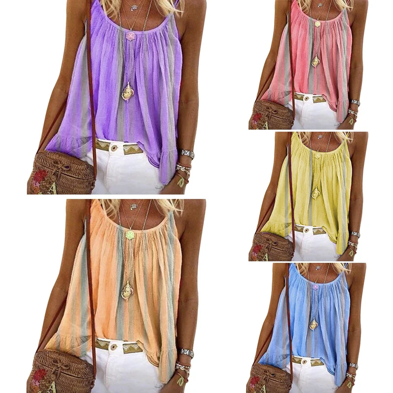

5XL Women's Boho Beach Strap T Shirts Striped Pleated Casual Loose Tank T shirt Sexy Off Shoulder Loose Large Size Tops T Shirts