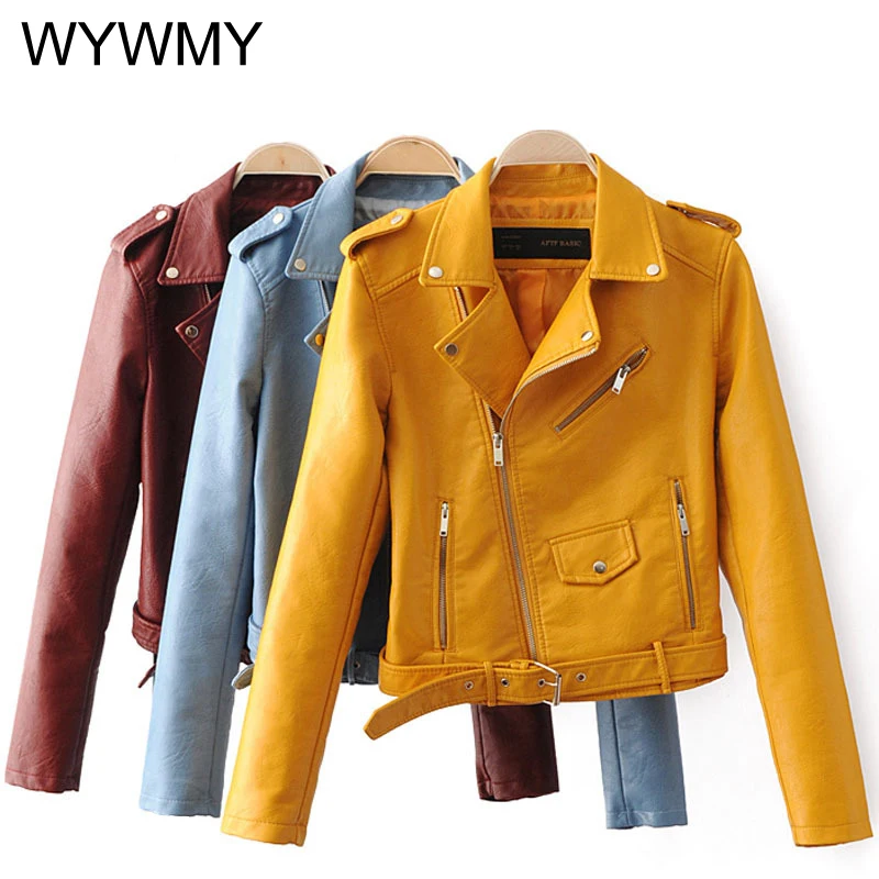 WYWMY Fashion Pu Leather Jacket Women Bright Color Black Motorcycle Coats Short Faux Leather Biker Jackets Soft Coat For Women