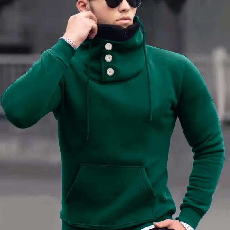 

Autumn Winter Fashion Slim Sweatshirts Mens Solid Button Turtleneck Sweatshirt Casual Long Sleeve Drawstring Tops Men Streetwear