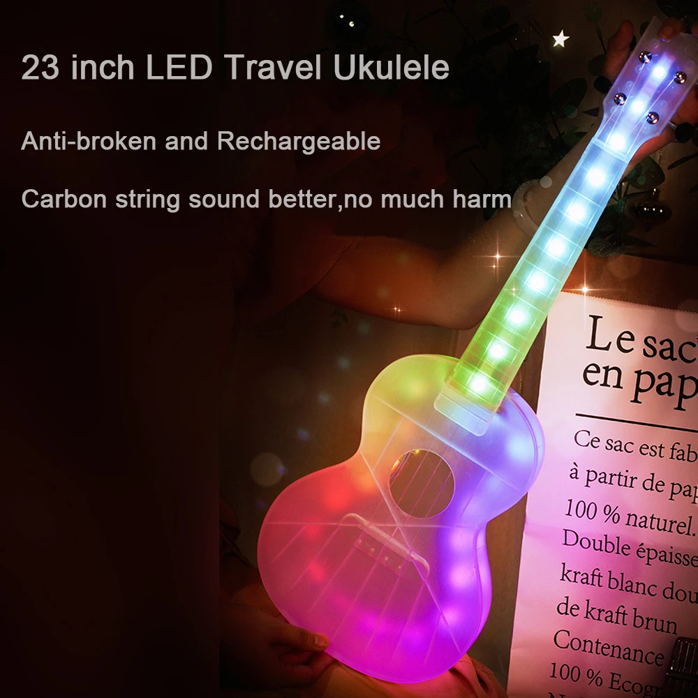 23 дюймов укулеле гитара светодиодный световой миниатюрная концерт прозрачного
