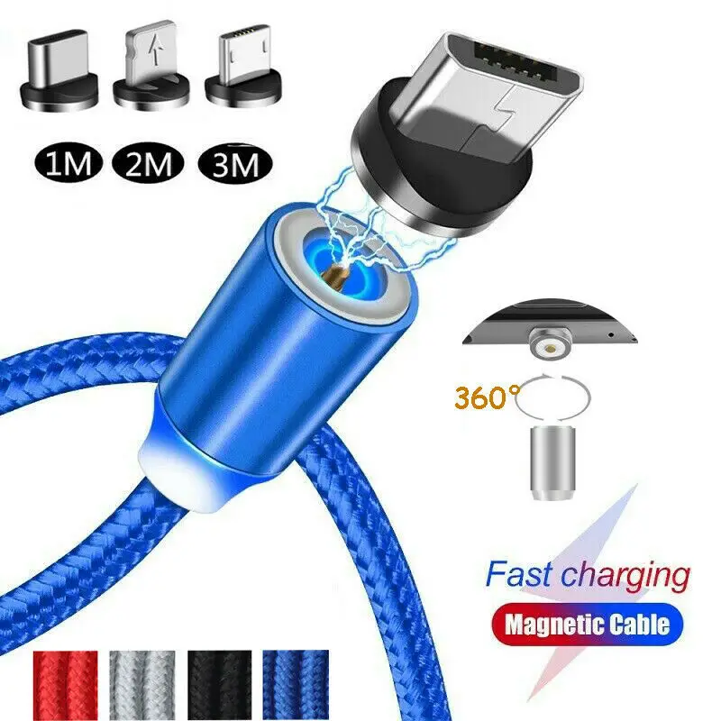 360 ° круглый светодиодный магнитный Micro/IOS/type C кабель для быстрой зарядки iphone 6 7 8
