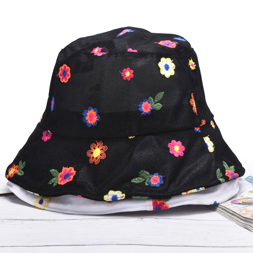 

Korean Bucket Hat Summer Sun Hats Women Mesh Flower Fishermen Transparent Cap UV Protect Breathable Beach Seaside Holiday