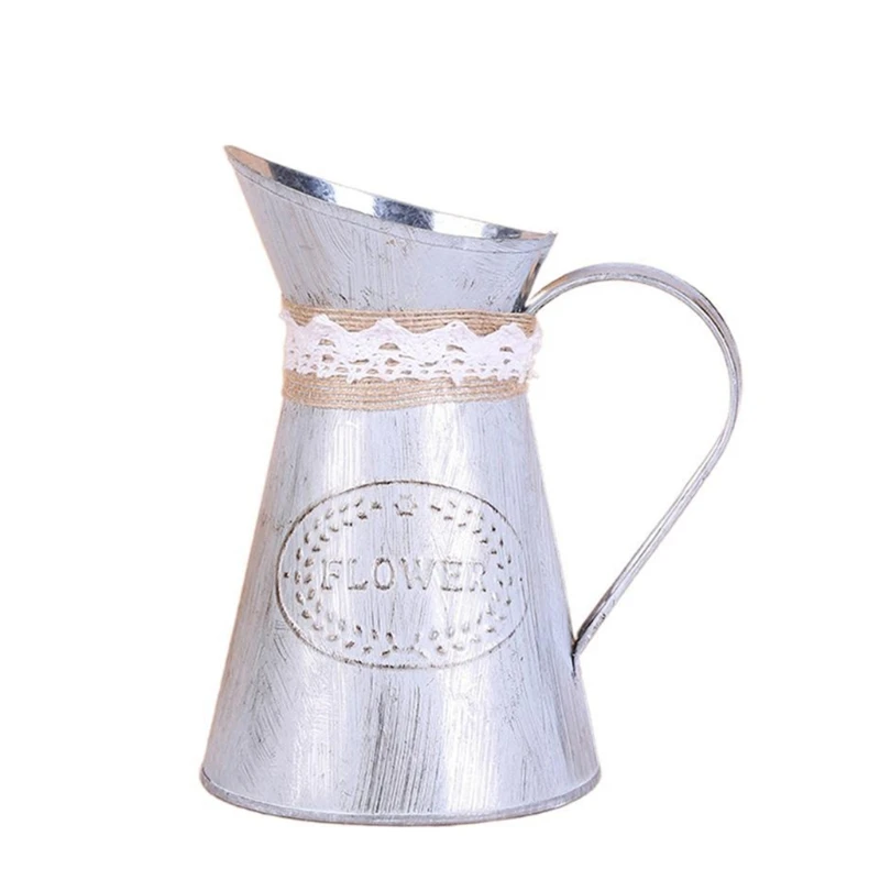 

C5AD Country Primitive Mini Jug Vase Milk Can with Tied and Linen, Chic Rustic Flower Planter for Garden and home Décor