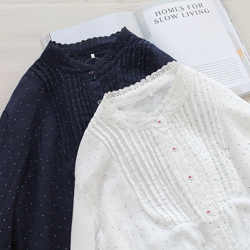 

Lamtrip Boutique Lace Edged Polka Dots Print Double-Layer Soft Cotton Yarn Shirt Blouse Vintage