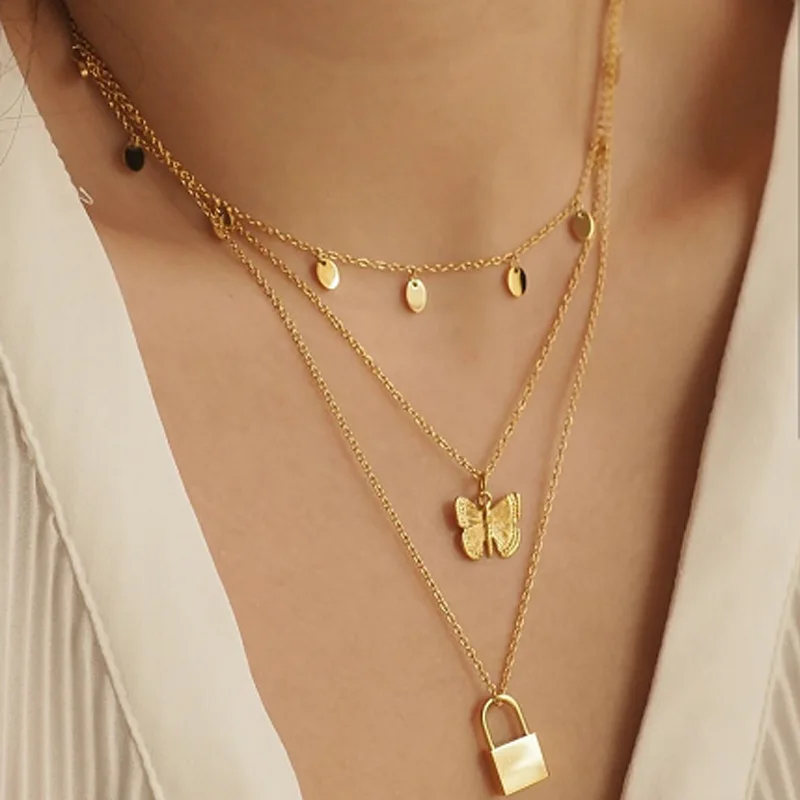 

Retro Popular Ladies Item Fashion All-match Lock Butterfly Disc Pendant Necklace Tassel Multi-layer Clavicle Chain Party Jewelry