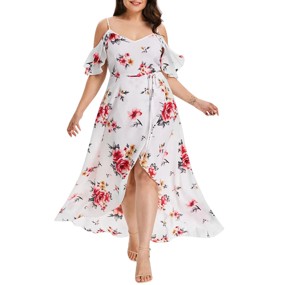 

Plus Size Dress Women Casual Short Sleeve Cold Dresses Ladies Shoulder Boho Flower Print Long Dress kobieta sukienka femme robe