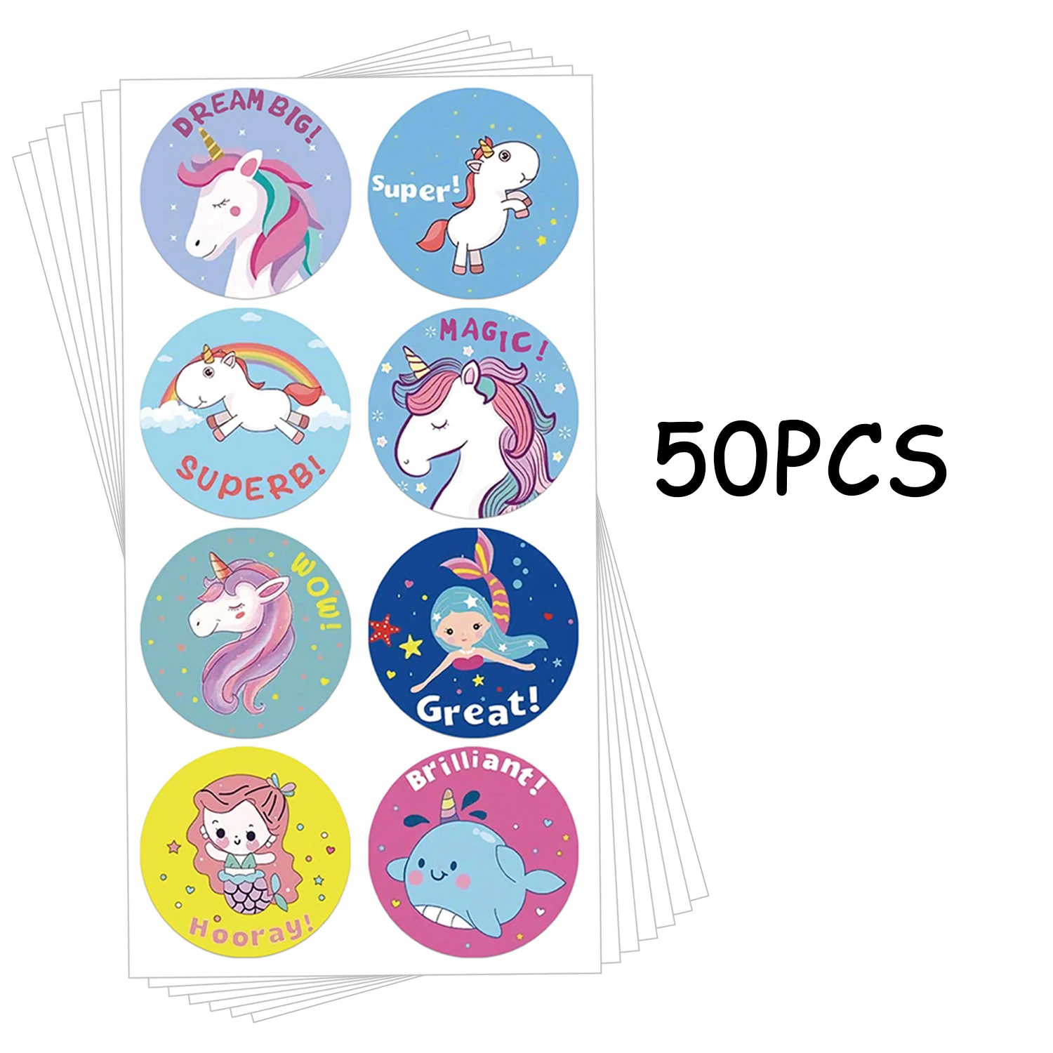 

50pcs Reward Sticker for Kids Mermaid Unicorn Animal Cute Pattern 1 inch 8 Designs School Teacher Supplies Child Sticker
