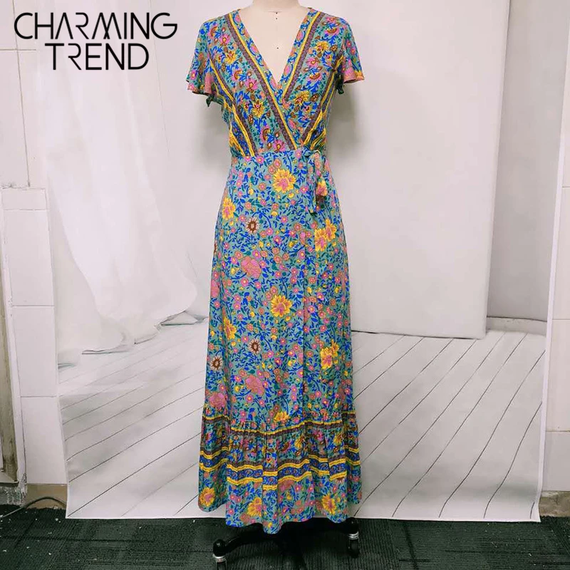 Женское длинное платье в богемном стиле с v образным вырезом и поясом Пляжное