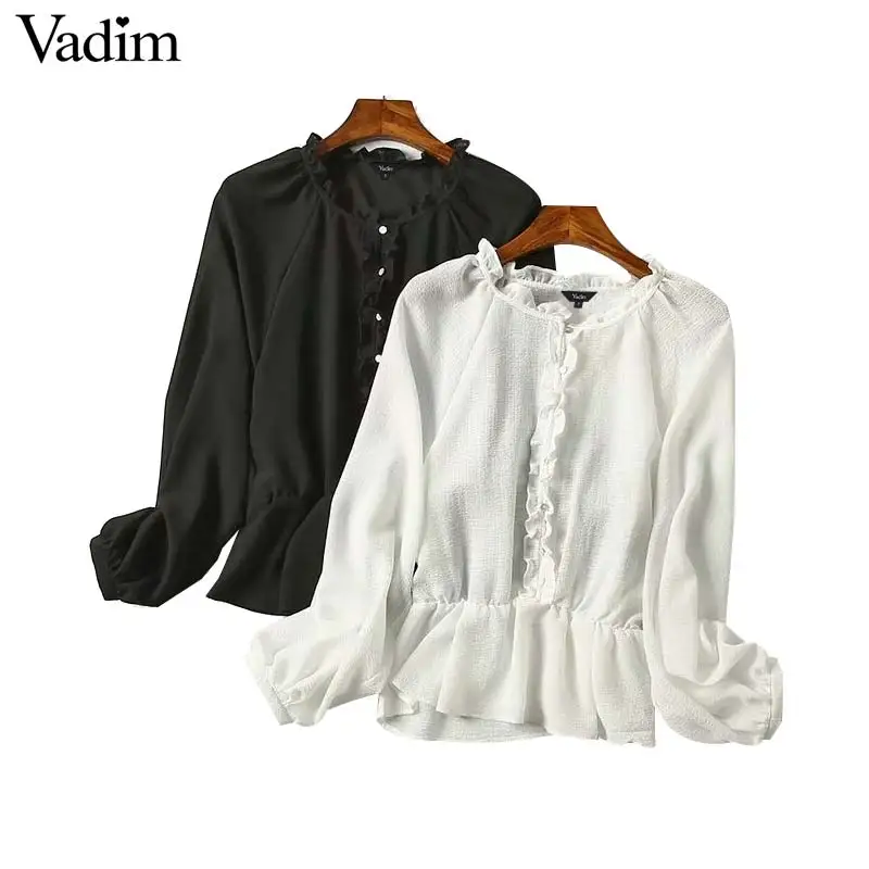 Vadim Женская однотонная шифоновая блузка с оборками длинным рукавом