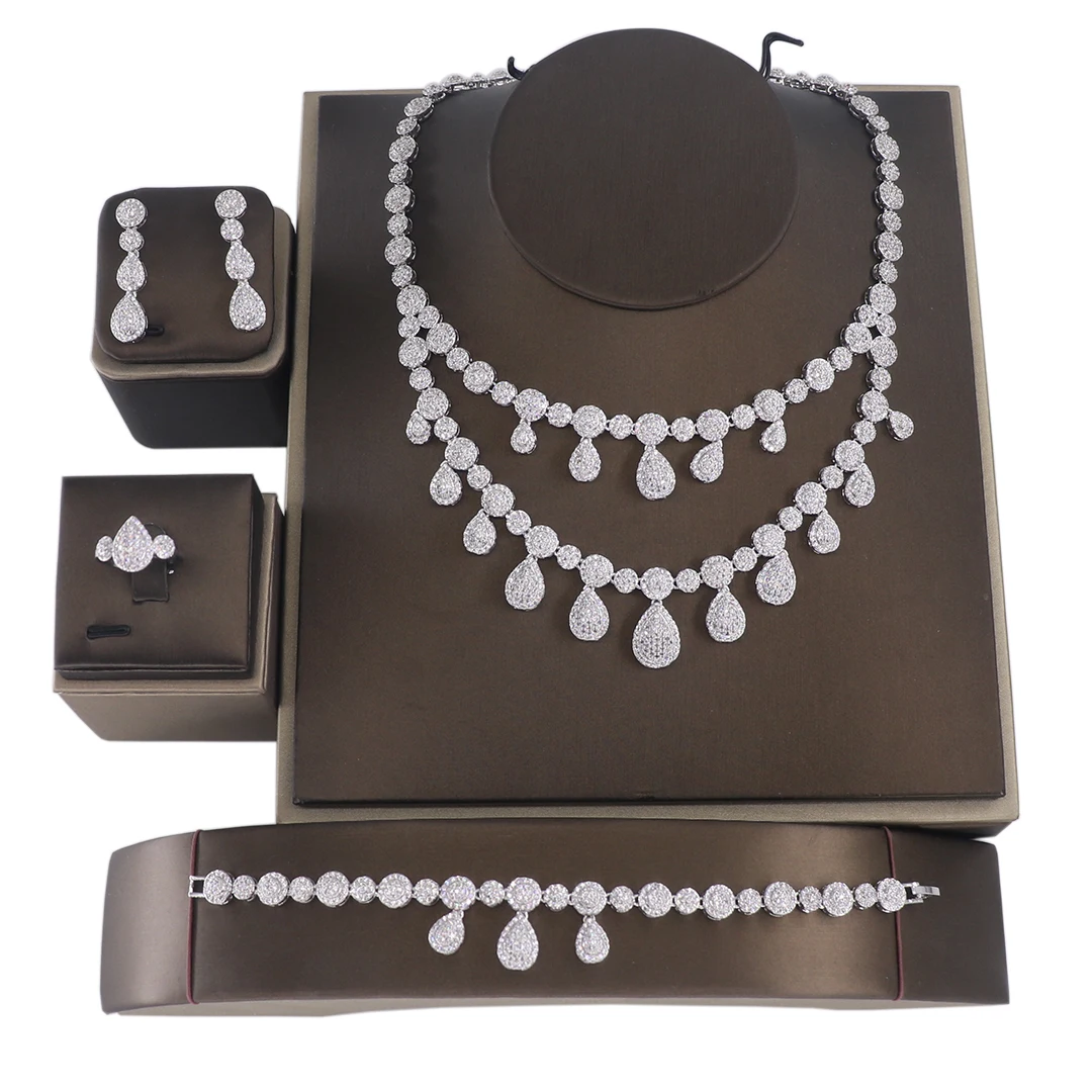 

Bedazzled Arabic Wedding Jewelry Two Necklace Micro Full Cubic Zirconia Luxury 4 Pieces Bridal Jewelry Set For Mom Party