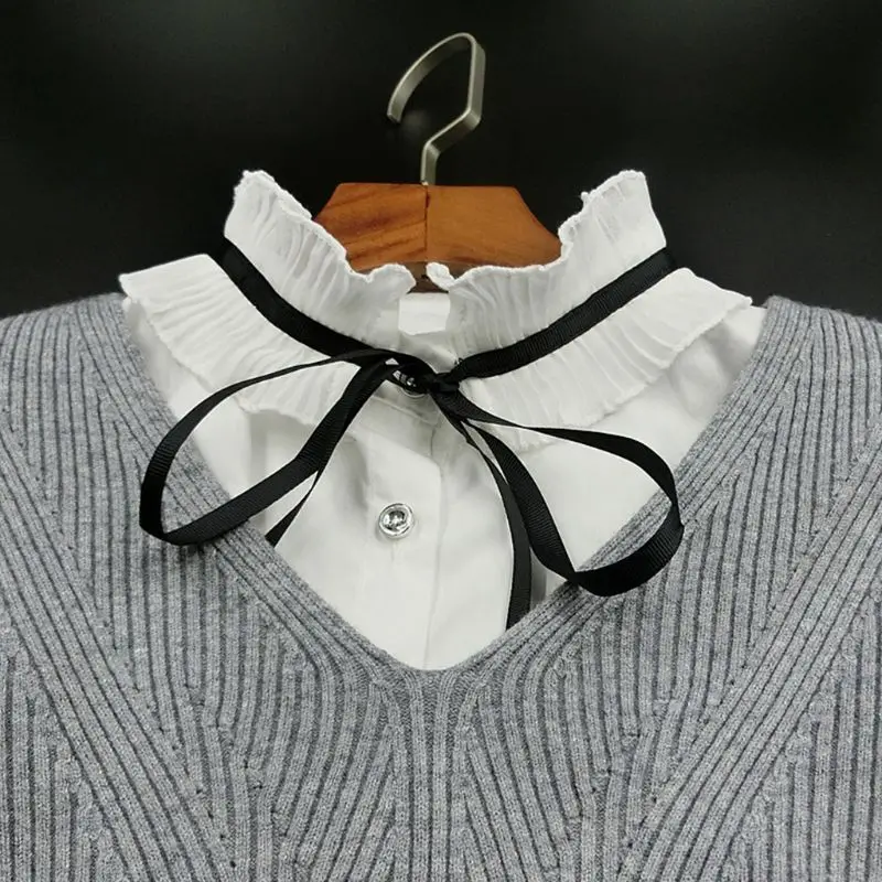 

Detachable Half-Shirt Ladies Pleated Ruffles Fake Stand Collar Lace-up Bowtie Sweater Accessory