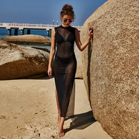 vamos todos 2021 summer solid split woman dress sleeveless see through beach sexy bikini cover up elegant mesh black clothing