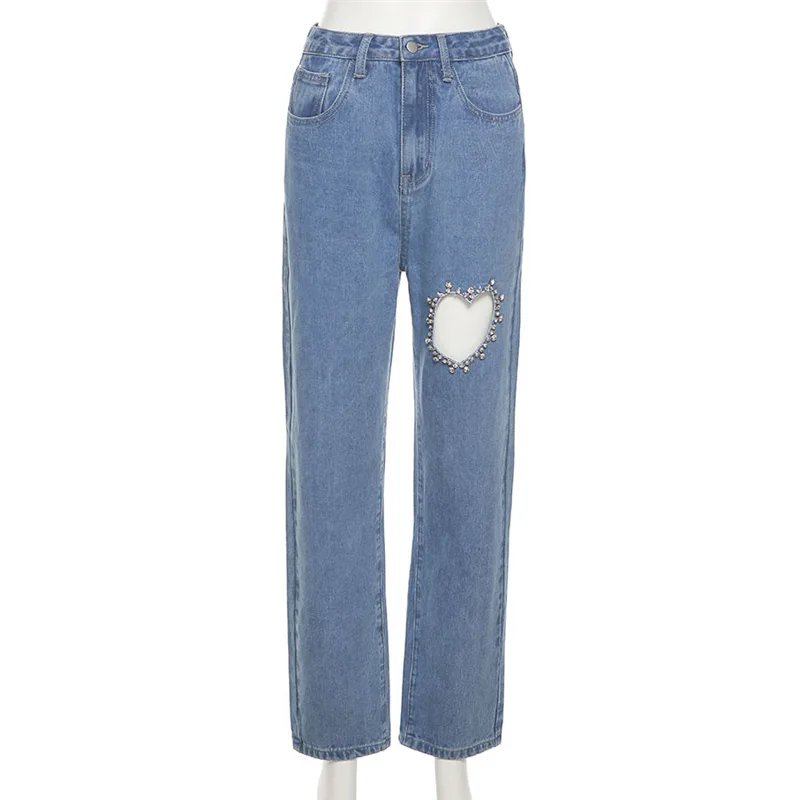 

Blue Female Mom Jeans High Waist WomenHeart Hole Diamond Denim Trousers Straight Leg Baggy Ripped Pants Streetwear 2021 Jeans