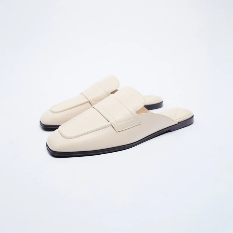 

2021 Summer Slingbacks Shoes Woman White Genuine Leather Square Toe Flats Slides Women's Trendy Flat Lazy Mules Shoe Slippers