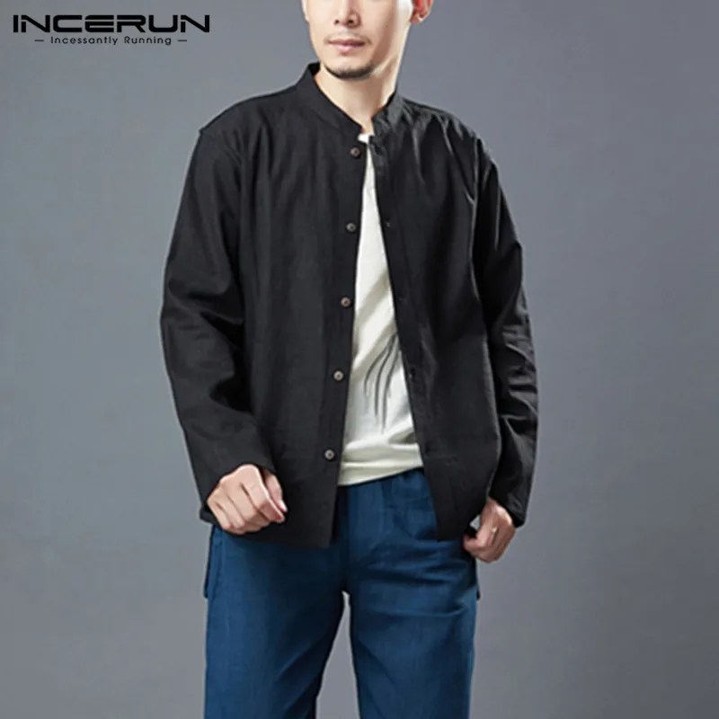 

INCERRUN Man Button Cotton Blouse Casual Pocket Camisa 2021 Spring Men Solid Color Long Sleeve Shirts Vintage Stand Collar Shirt