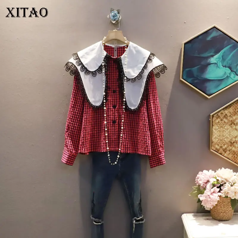 

XITAO Double Collar Plaid Women Shirt Autumn New Vintage College Style Long Sleeve Single Breasted Loose All-match WMD3513