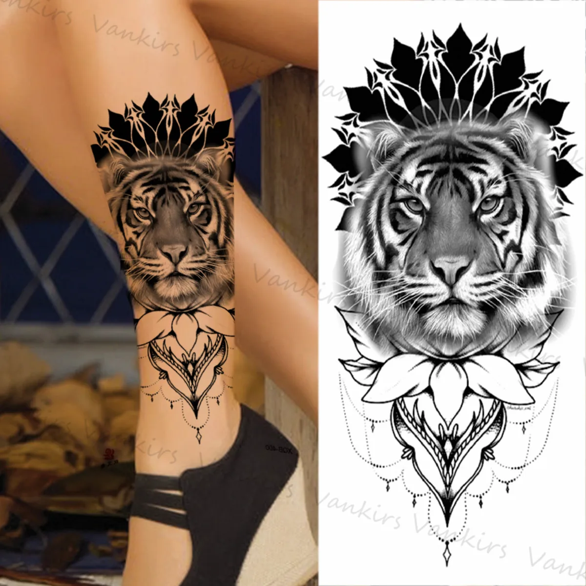 

Black Tiger Temporary Tattoos For Women Girls Lion Compass Rose Sun Flower Fake Tattoo Sticker Waterproof Tatoos Leg Arm Sexy