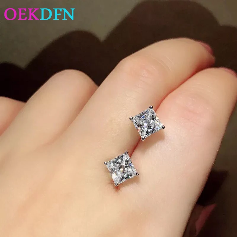 

OEKDFN 100% 925 Sterling Silver Stud Earrings Princess Cut Created Moissanite Gemstone Diamonds White Gold Earrings Fine Jewelry