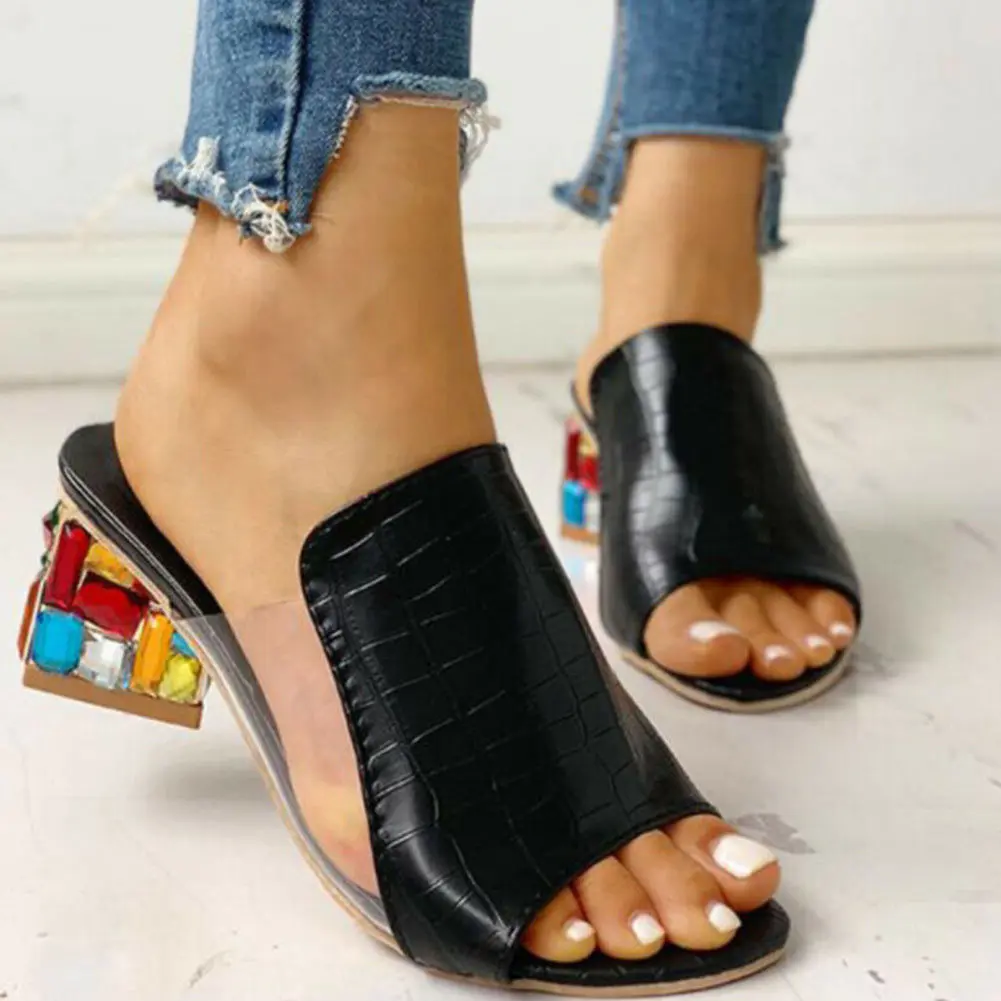 

2021 INS Горячие Красочные Стразы на квадратном каблуке сланцы для отдыха уютные летние мюли сандалии женская обувь уличные тапочки