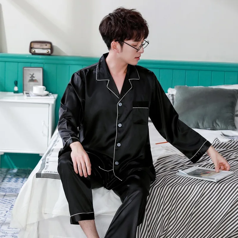 

Navy Blue Men Satin Pajamas Set 2PCS Shirt &Pants Plus Size Pyjamas Suit Long Sleeve Lounge Wear Sleepwear Nightwear 3XL