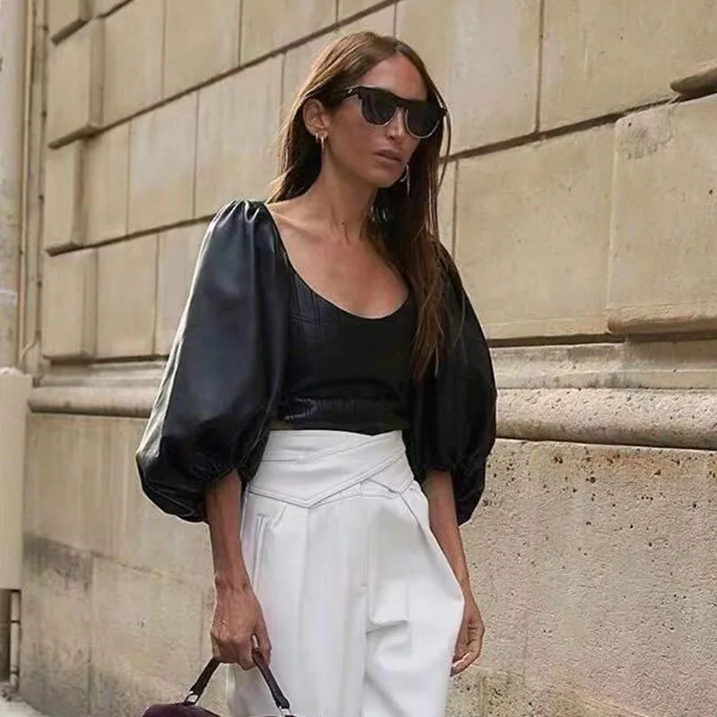 Корейский Tumblr 2019 хит продаж Одноцветный женский топ из искусственной кожи с