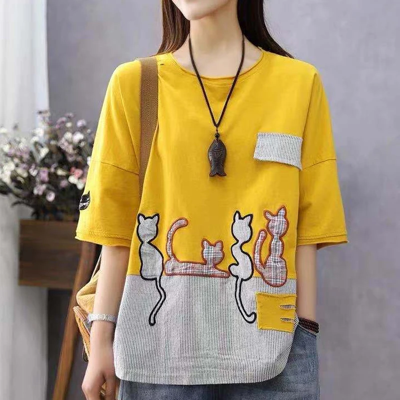 Женская хлопковая футболка в полоску Max LuLu желтая Повседневная европейском стиле