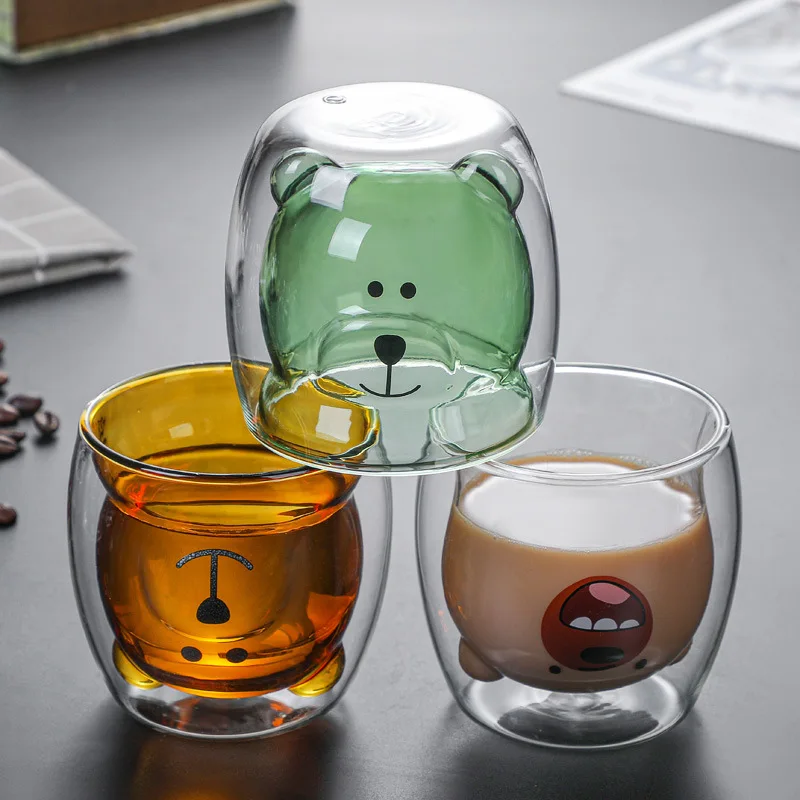 

Double Wall Glass Mugs Cute Bear Shaped Resistant Kungfu Tea Mug Milk Lemon Juice Cup Drinkware Child Lover Coffee Cups Mug Gift