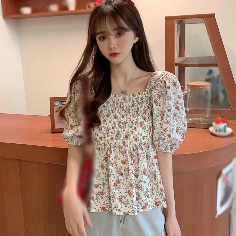 

Fashion Floral Print Women Blouses Short Sleeve Pleated Blouses Shirt Summer Casual Chiffon Blouse Top