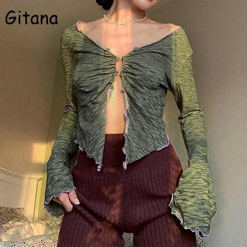 Женский укороченный топ с оборками длинным рукавом и V-образным вырезом | Женская