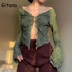 Женский укороченный топ с оборками, длинным рукавом и V-образным вырезом