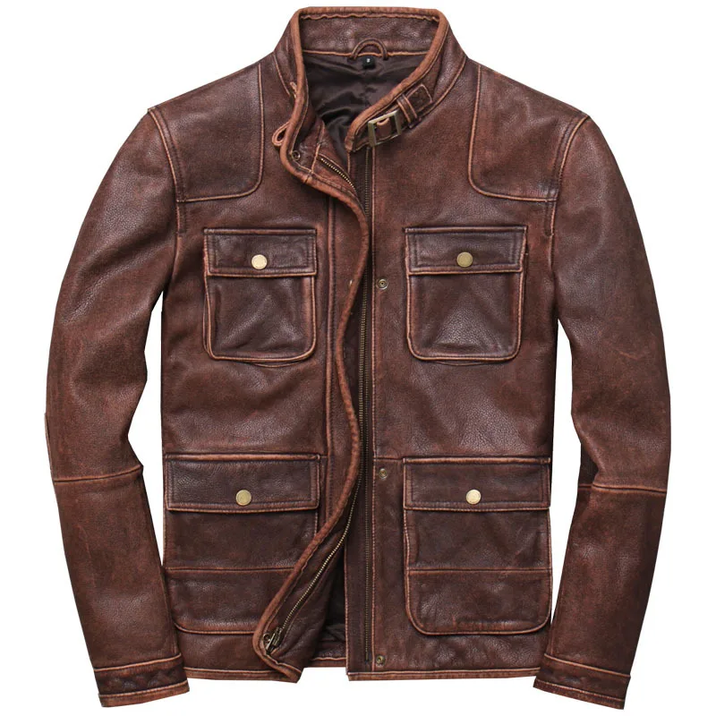 

Men's Genuine 2021 Leather Jacket Top Layer Cowhide Jacket Distressed Hunting Multi-Pocket Real Leather Jacket